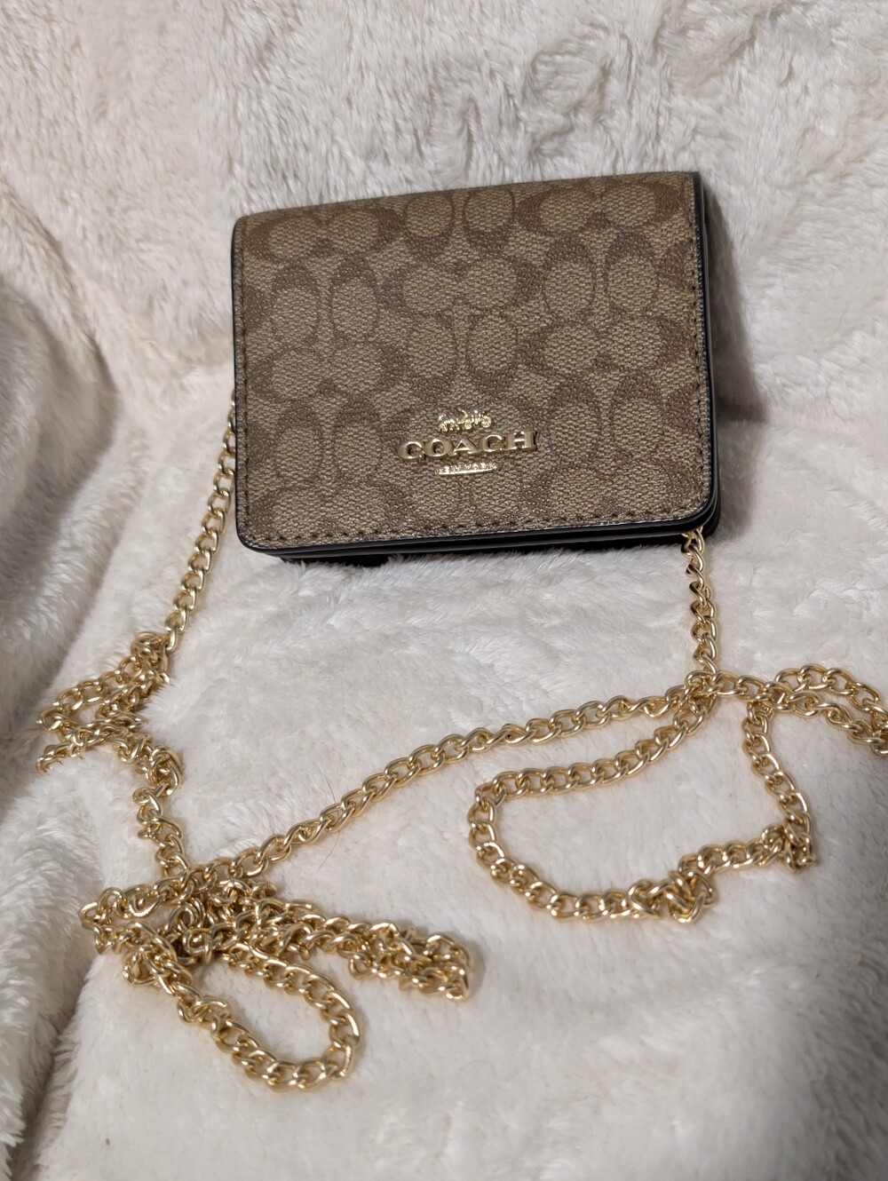 Coach Brown Signature Mini Wallet On A Gold Chain